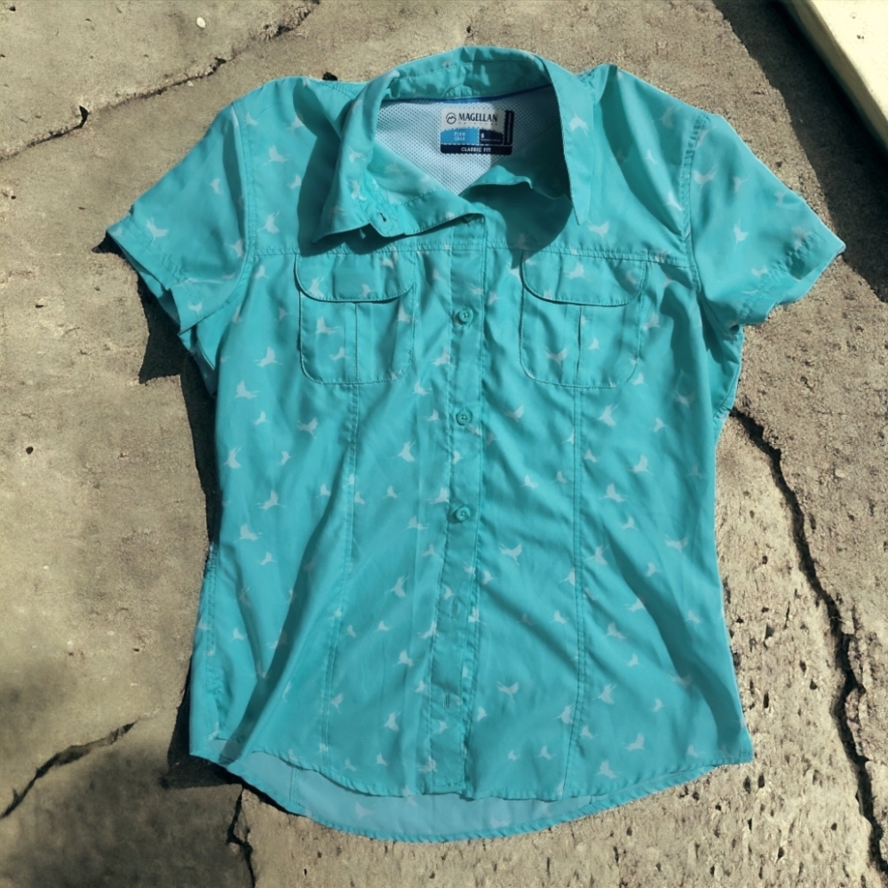 Magellan Blue Duck Print Button Up Shirt for Ladies/Girls
